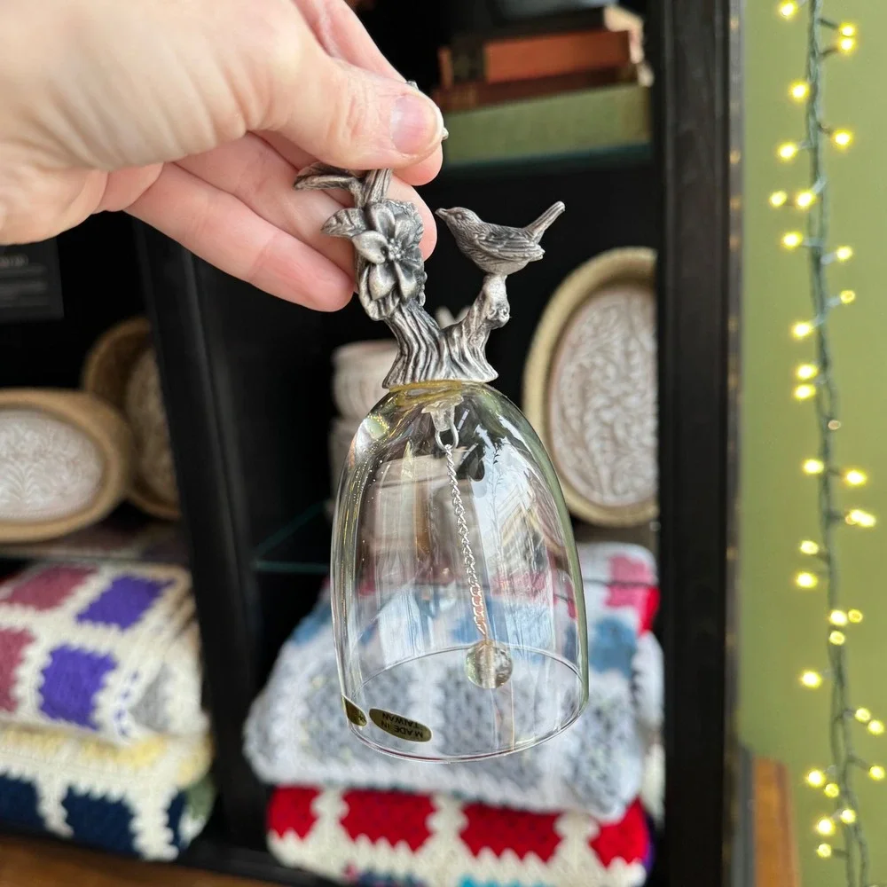 Lead Crystal Bell Silver Tone Bird Flower Branch Handle Vintage‎ Taiwan